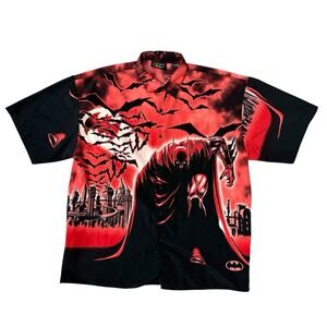 VTG Warner Bros DC comics batman shirt men's XL red black bowling button up 2001